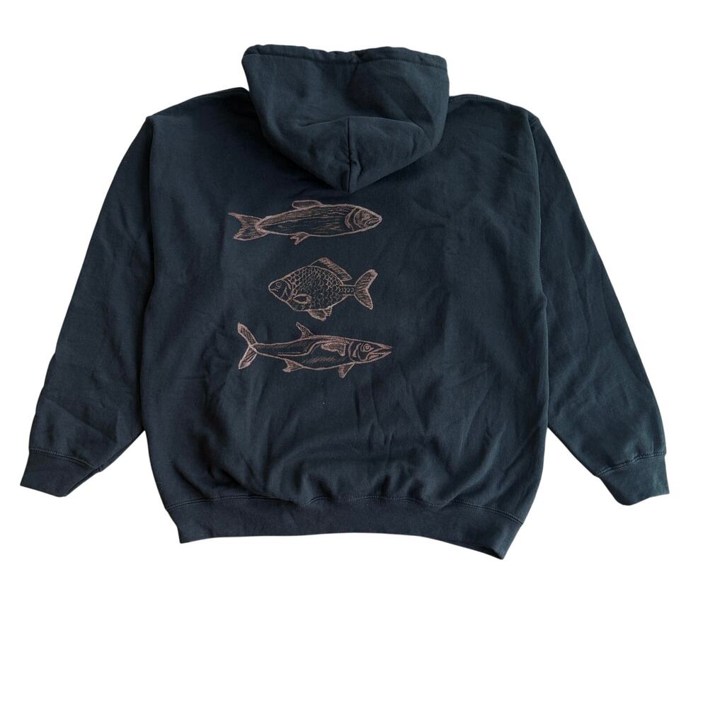 Handmade Bleach Dyed Black Hoodie with Fish and Hook Design Unisex